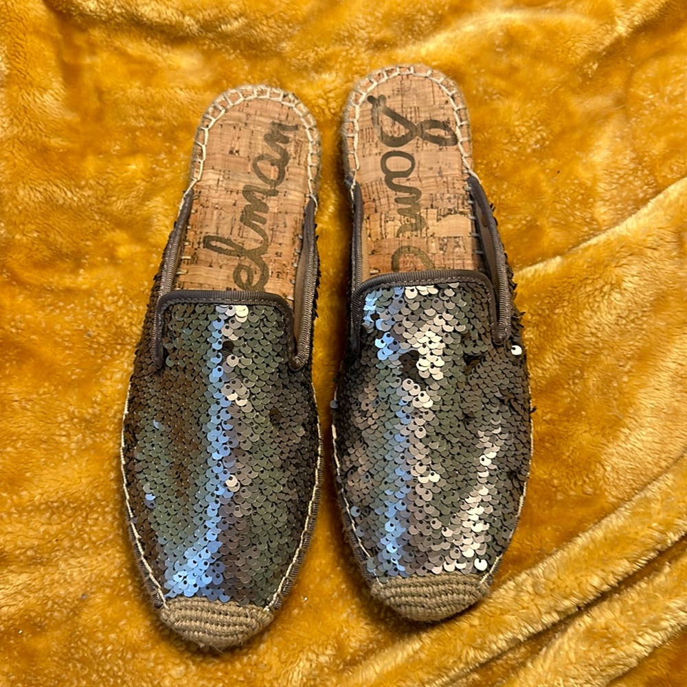 Sam Edelman Silver Sequin Flat Mules - image 1